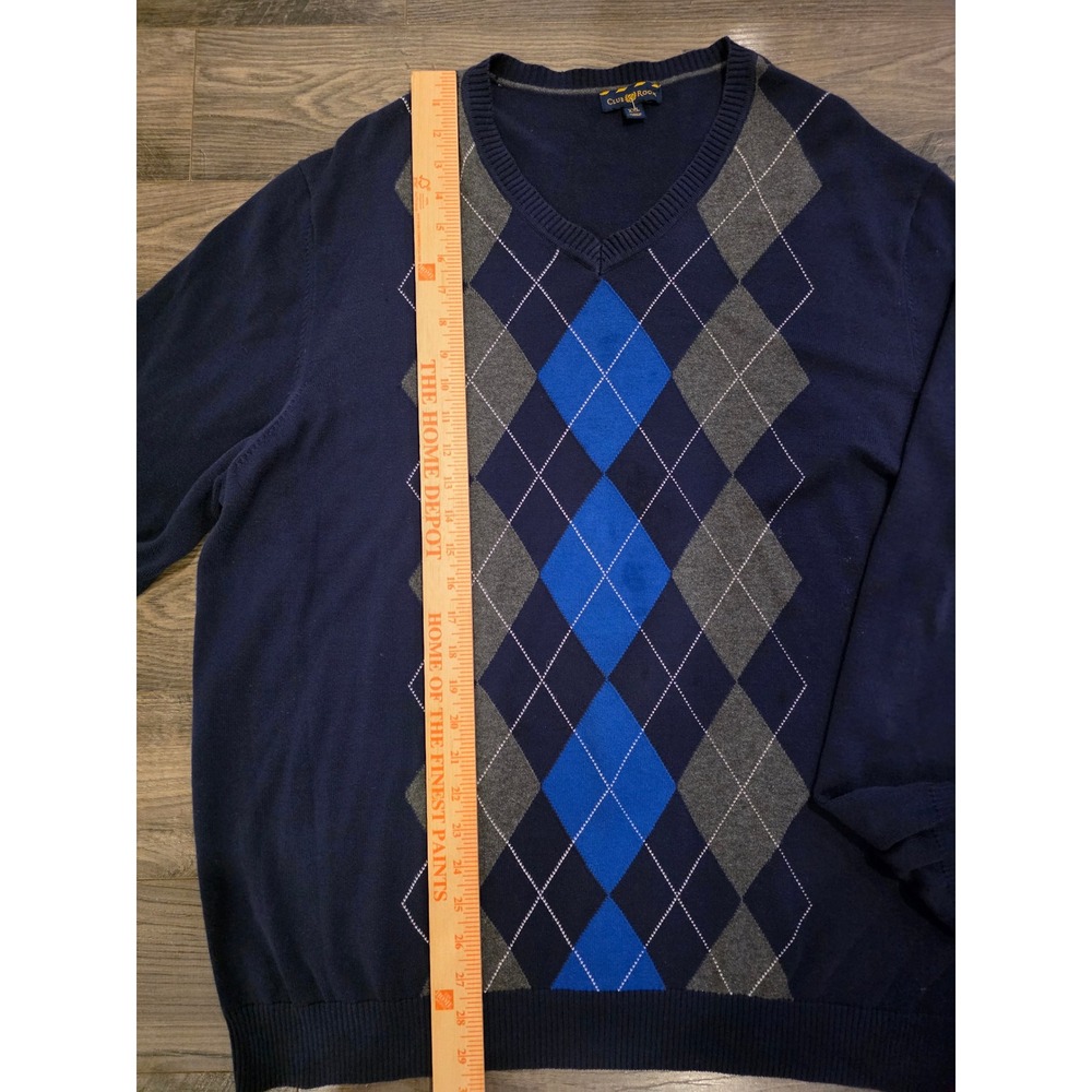 Men's XXL Club Room Navy Blue Argyle V-Neck Sweater 100% Pima Cotton Fine Knit